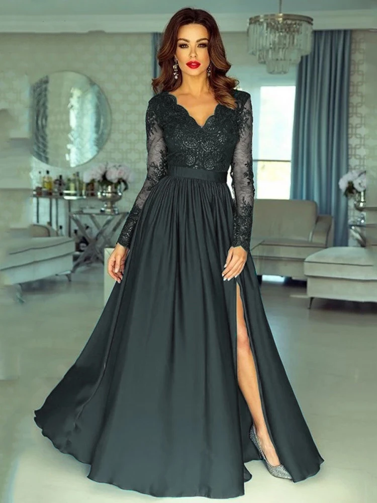 

Elegant A Line Evening Dress V Neck Long Sleeves Lace Appliques Side Split Floor Length Women Formal Party Gown Vestido De Noche