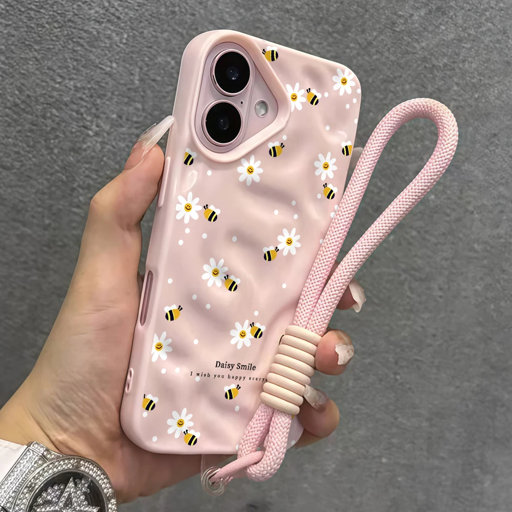 Fashion Bee Daisy Falten-Silikon-Handyhülle für iPhone 17 15 13 11 12 14 16 17 Pro Max 14 15 16 Plus 17Air mit Lanyard-Abdeckung – Detail 8