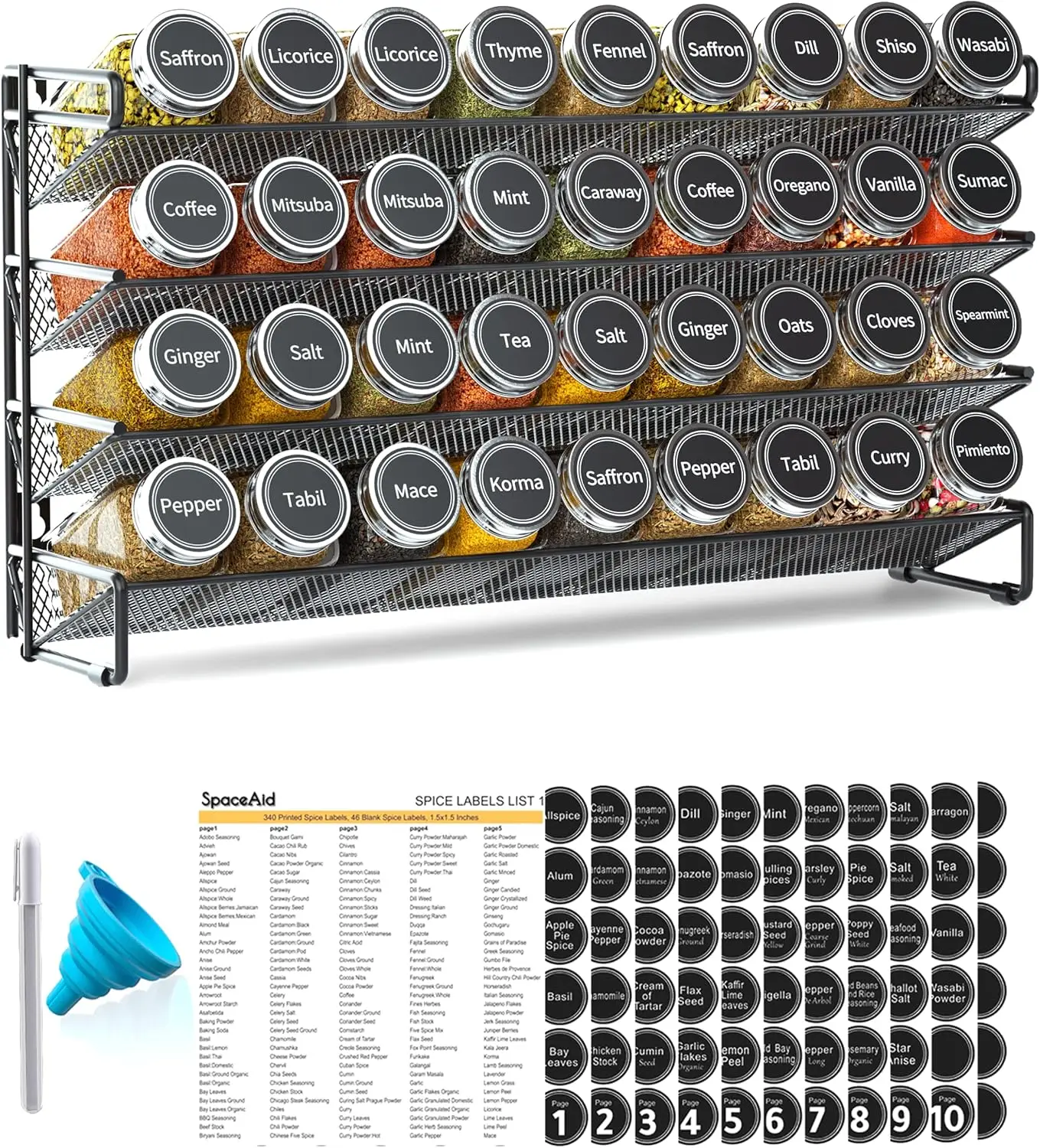 Spice Rack Organizer with 36 Spice Jars, 386 Spice Labels, Chalk Marker and Funnel Set for Cabinet, Countertop, Pantry