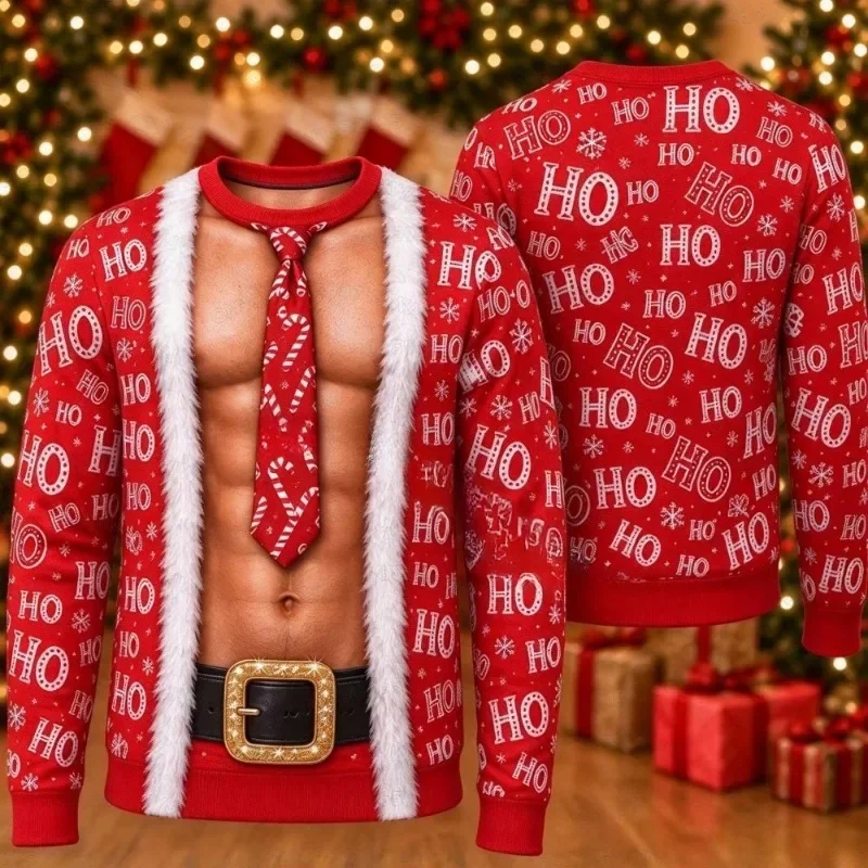 Christmas Fake Muscle Santa Illusion 3D Print Long Sleeve Top HO HO HO Snowflake Graphic Xmas Party Novelty Ugly Sweater Tee