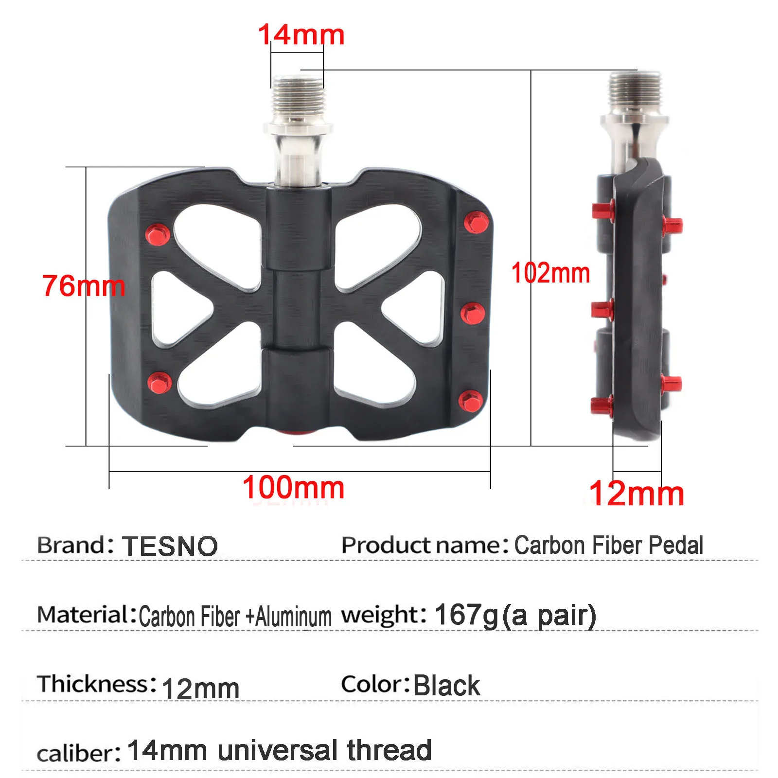 TESNO Ultralight Carbon Fiber Bicycle Pedals with 3 Bearings MTB Road Bike Pedals Titanium Non-Slip Quick Release 14mm Universal