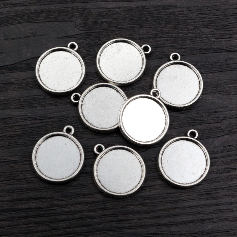 20pcs 16mm Inner Size Antique Bronze Silver Plated Round Double-Side Style Cabochon Base Cameo Setting Charms Pendant