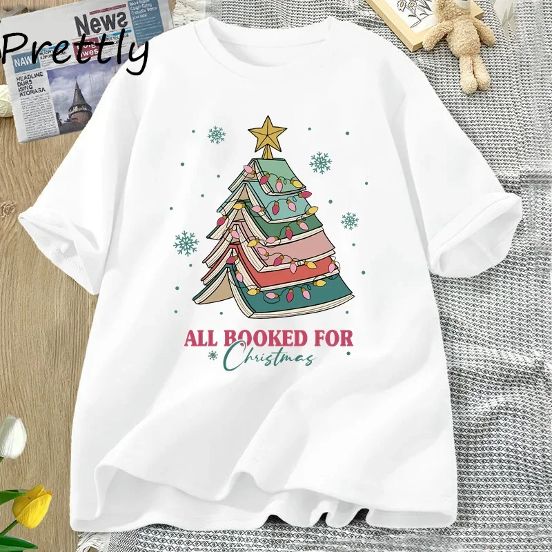 Book Tree Christmas T Shirt All Booked for Christmas T-shirt for Book Lover Librarian Teachers Tees Bookish Cotton Tshirt