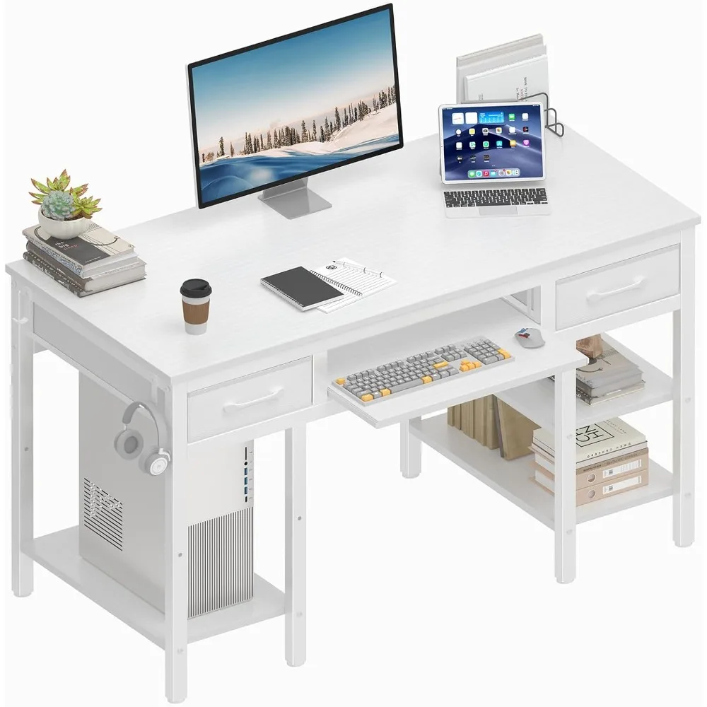 

White Desk with Keyboard Tray Slide Out, 47 Inch Home Office Computer Desks with Fabric Drawers & Storage Shelves, Modern Simpl