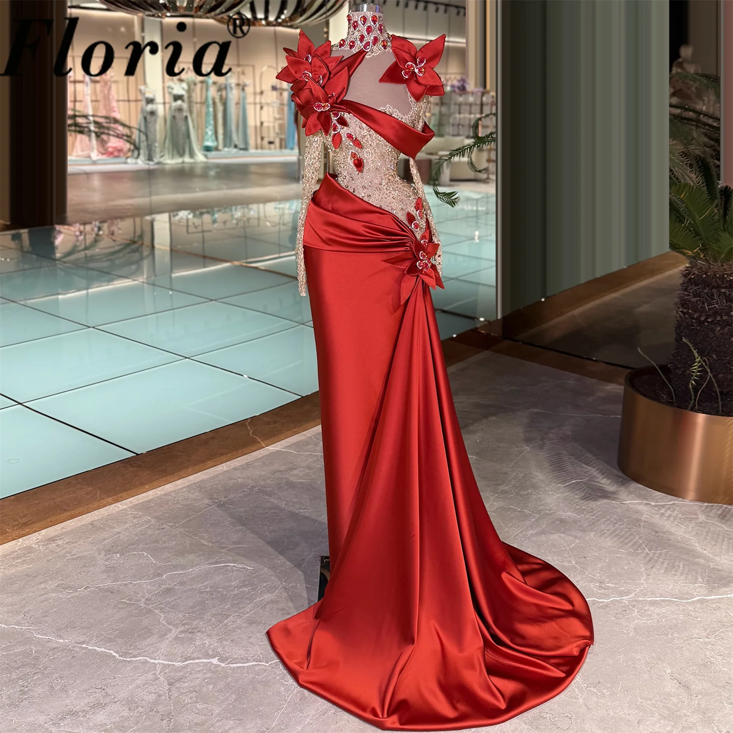 Robe de soirée sirène rouge de luxe, robe de bal formelle en satin avec appliques florales 3D, manches longues, col illusion perlé, robe de gala pour soirée