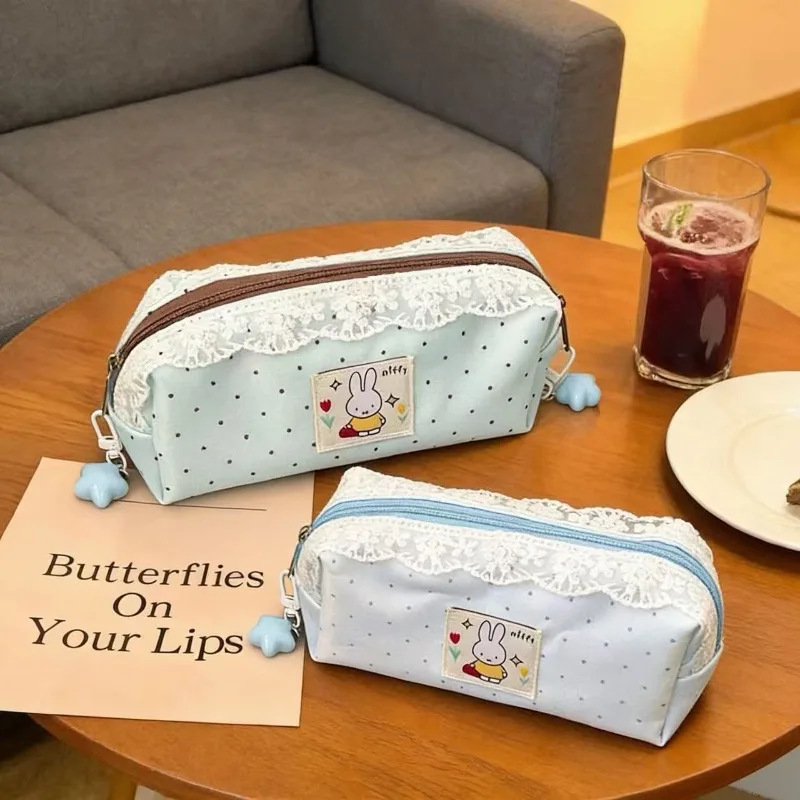 Minimalist Miffy Polka Dot Pencil Case with Lace Trim | Large Capacity Ins-Style Stationery Bag for Students - view 2