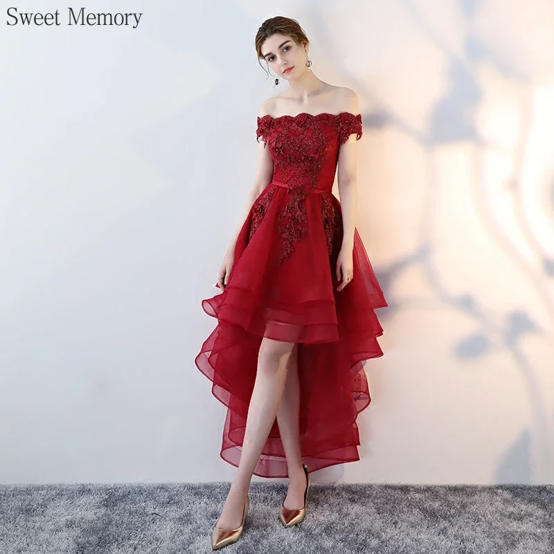 Sweet Memory Pink Black Dark Red Boat Neck High Low Evening Dresses for Women Elegant Prom Cocktail Banquet Female Dress