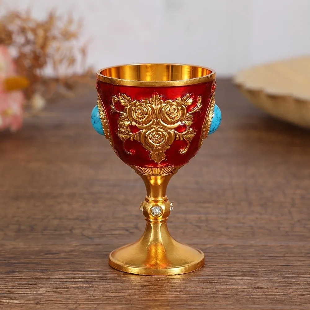Flower Embossed Rose Chalice Goblet Zinc Alloy Rhinestone Synthetic Turquoise Wine Cup Decorative Medieval