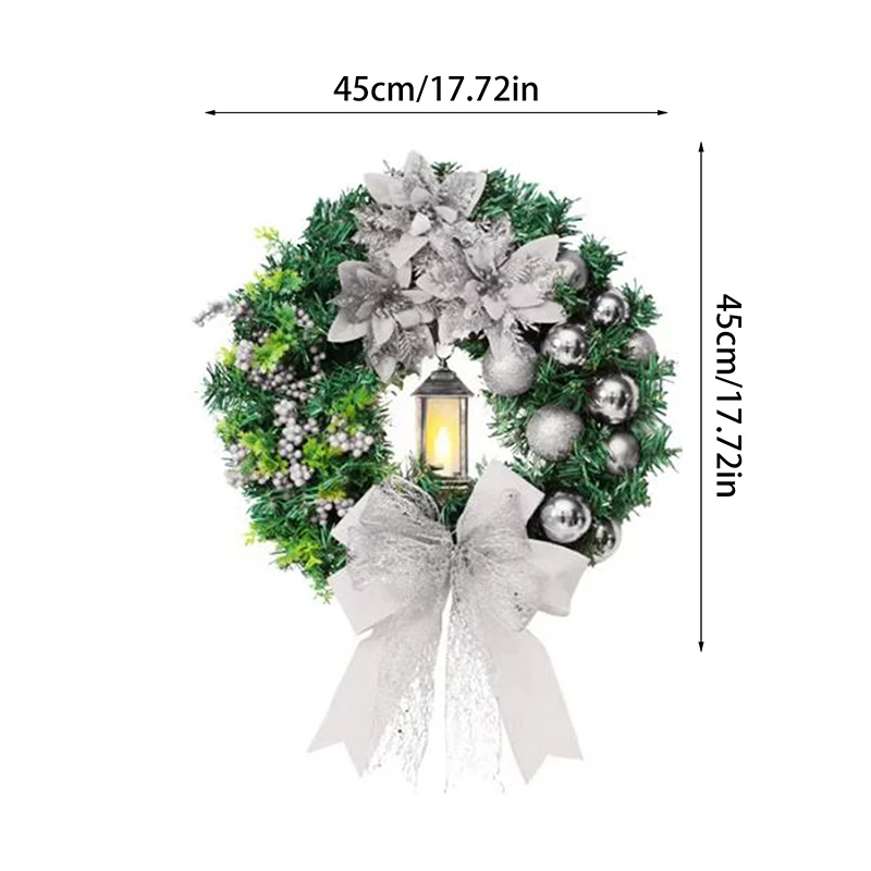 Decoración navideña para puerta delantera: corona artificial iluminada con cinta y bolas