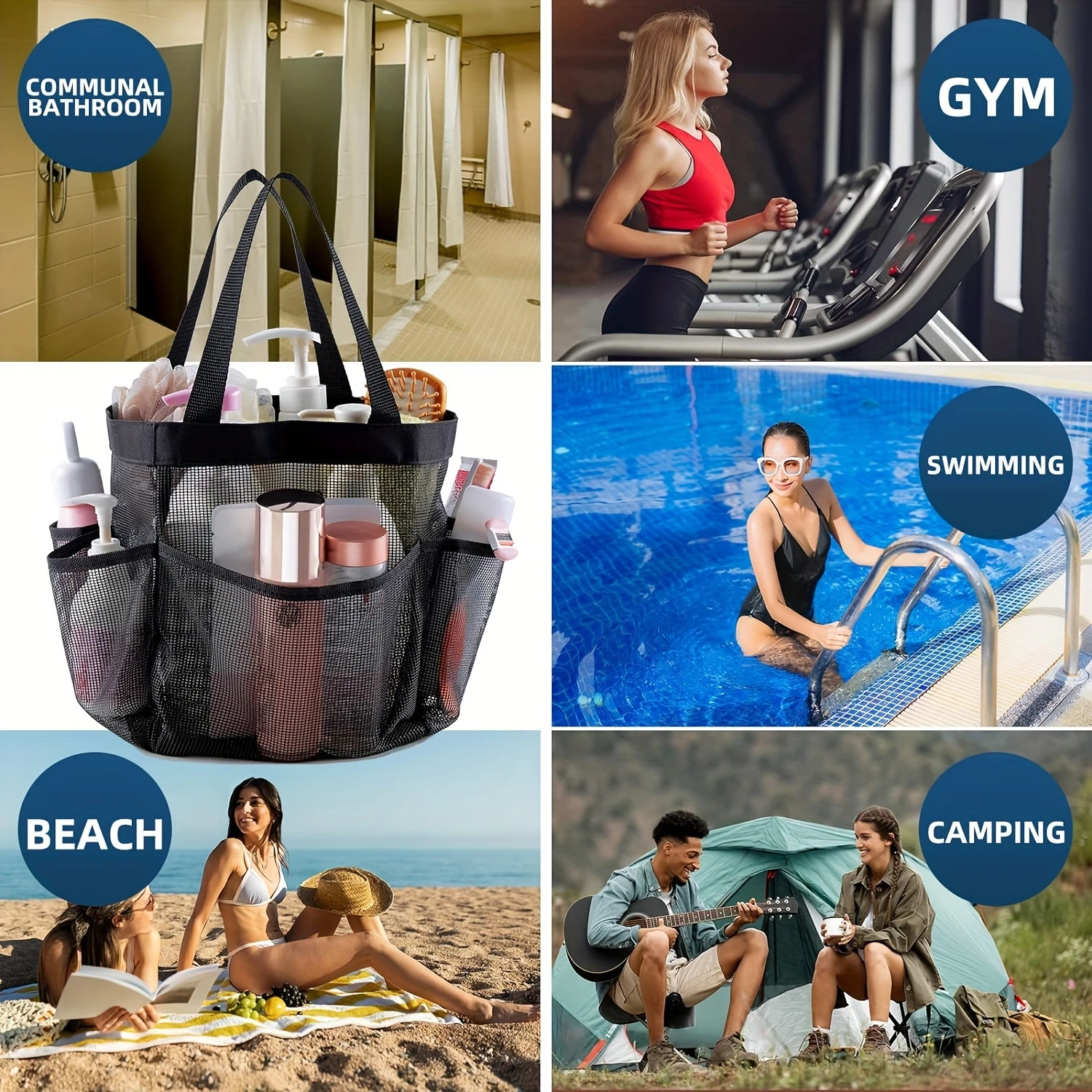 ตะกร้าอาบน้ําตาข่ายแบบพกพา 1 ชิ้น, หอพักวิทยาลัย, กระเป๋าอาบน้ําความจุขนาดใหญ่พร้อมกระเป๋า 8 ช่อง, ห้องน้ําถุงอาบน้ําแห้งเร็ว