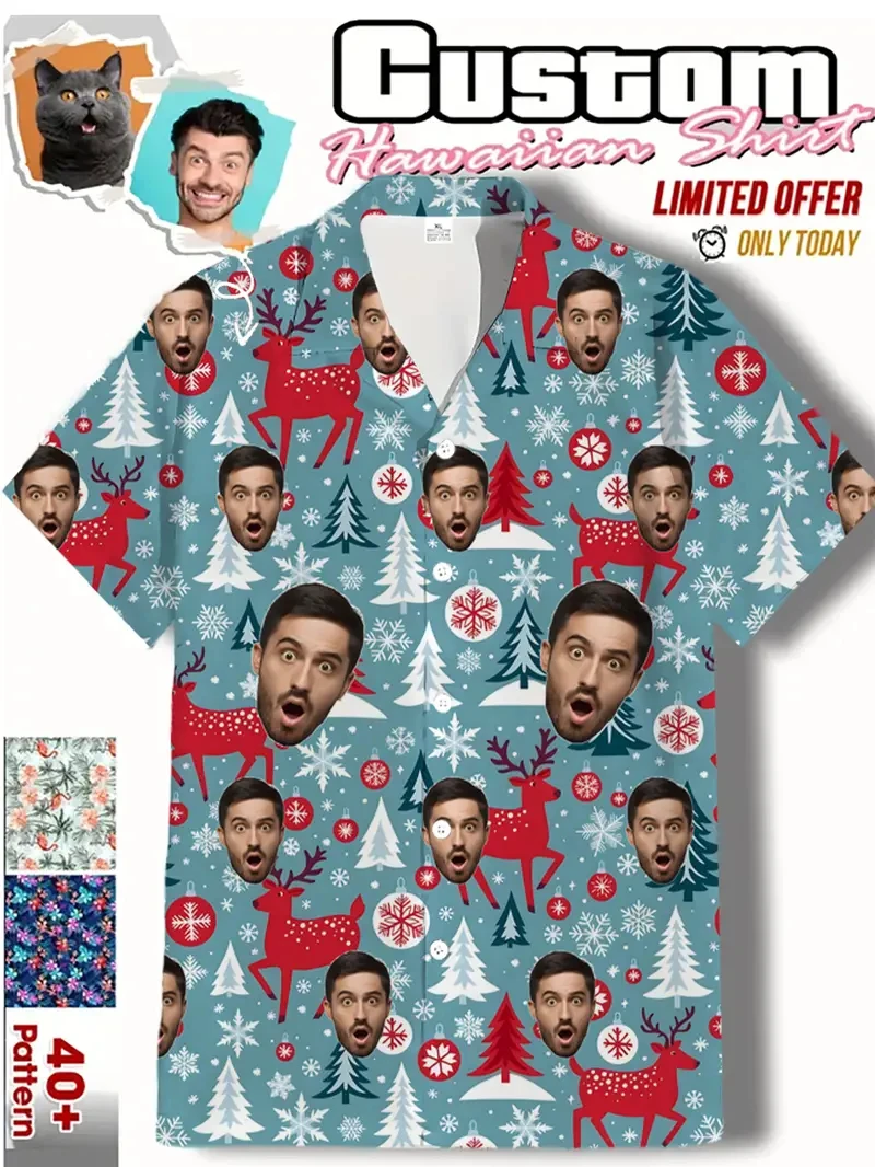 الكرتون عيد الميلاد قبعة مخصصة Diy بها بنفسك الوجه الجرافيك الرجال قصيرة الأكمام التلبيب قميص بلايز زر عيد الميلاد قمصان عطلة اليومية الإناث البلوزات #5