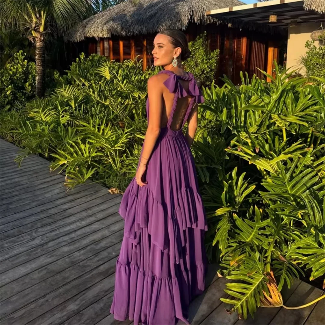 Purple V Neck A Line Prom Gowns Chiffon Backless Ruffled Party Gown Floor Length Party-perfect Evening Dress Customized