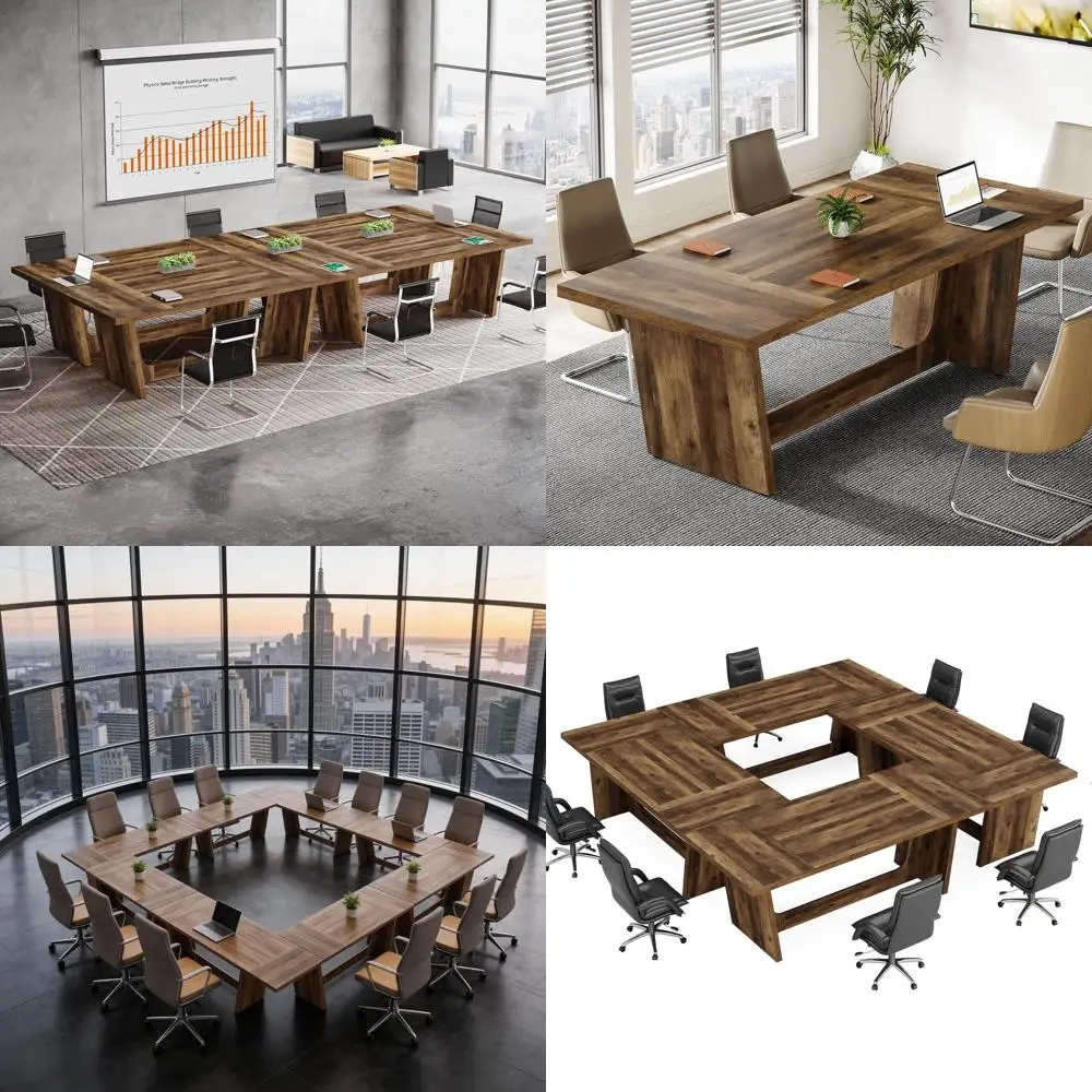 

Большой коричневый деревянный стол для переговоров на 8 человек с основанием-подставкой