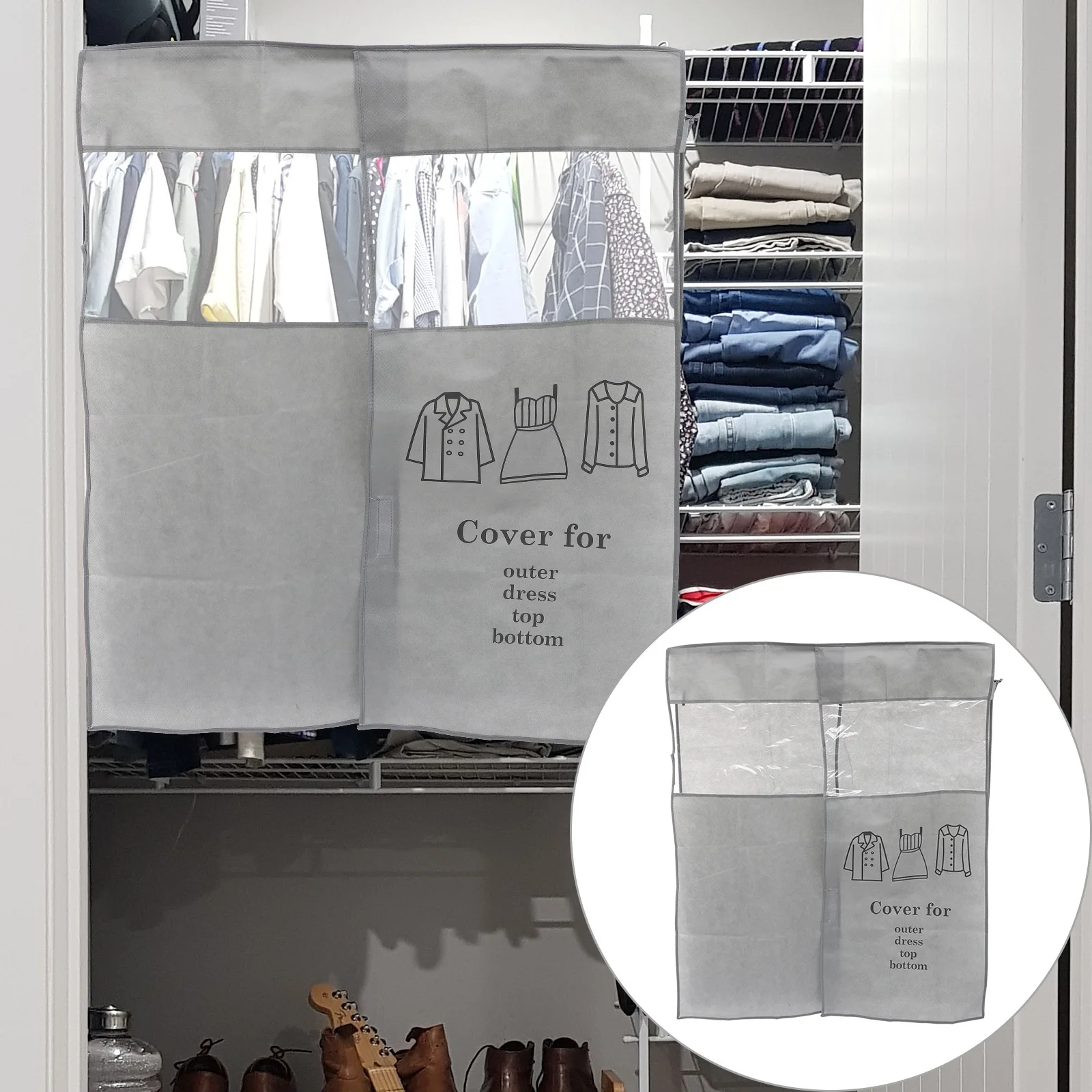 

Garment Bag Cover Nonwoven Water Resistant Dust Proof Clothes Storage Bag Clear Window For Suits Shirts Coats Grey