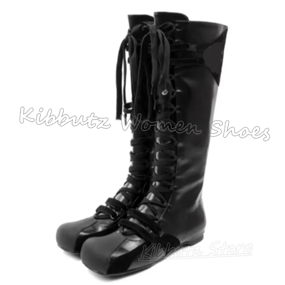 Patchwork Knee High Boots Suede Sneaker Lace-Up Leather Novelty Fashion Luxury Elegant Concise Sexy Square Toe Flat with Shoes
