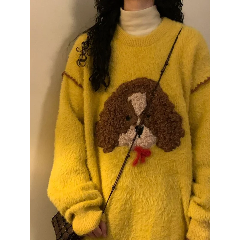 Winter Japanese Retro Cute Puppy Soft Waxy Thickened Round Neck Sweater for Women Trendy