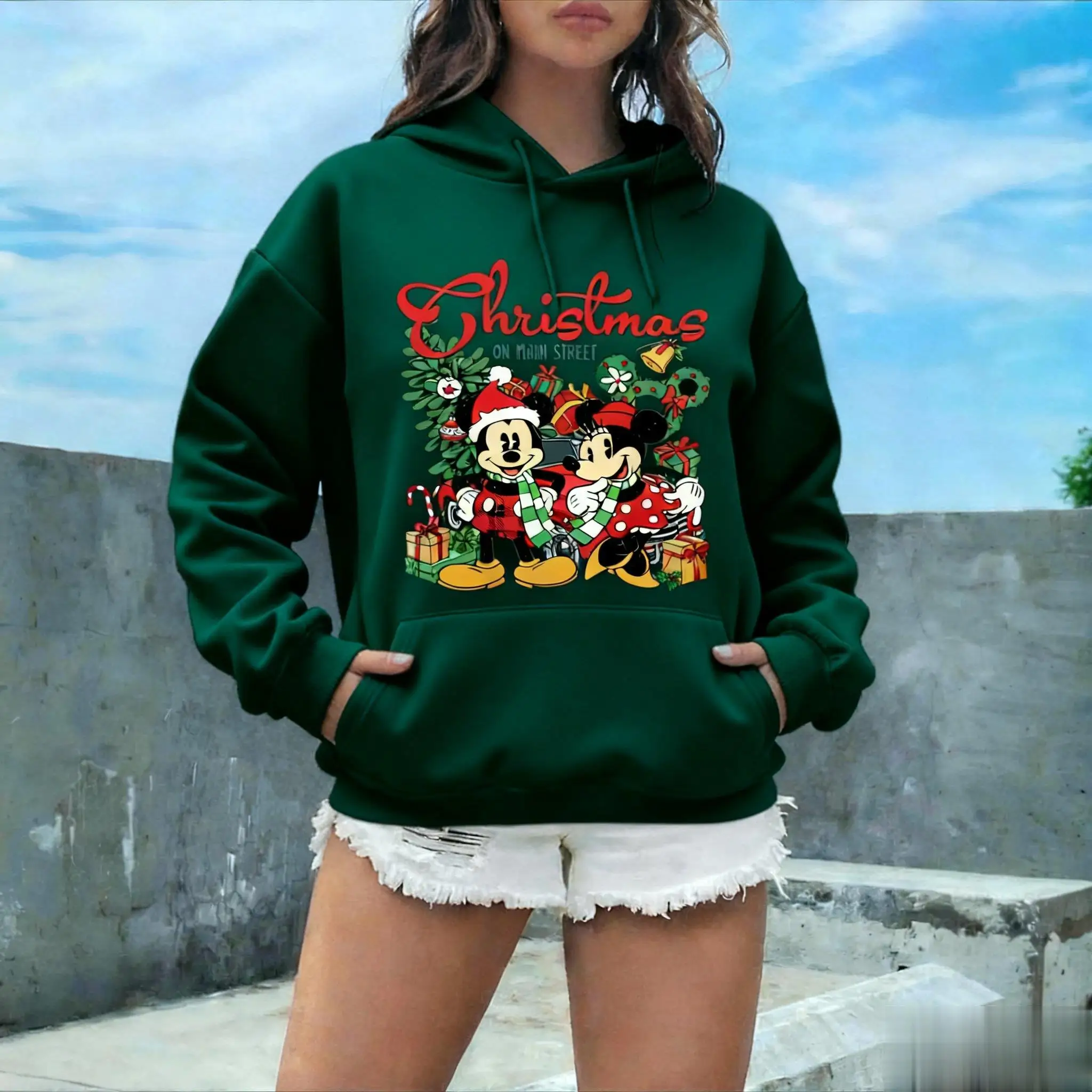 Sudadera con estampado de Mickey Minnie de Navidad Unisex para hombre y mujer, Sudadera con capucha, jersey gráfico, ropa de calle informal, suéter de Otoño Invierno de Disney