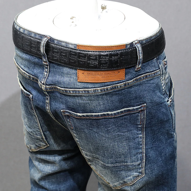 Italian Style Fashion Men Jeans High Quality Retro Washed Blue Stretch Slim Fit Ripped Jeans Men Vintage Designer Denim Pants