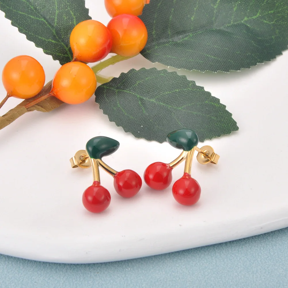 Lokaer Mode Rot Grün Emaille Kirsche Stud Ohrringe Für Frauen Mädchen Edelstahl Obst Ohrringe Nette Lustige Schmuck E25106