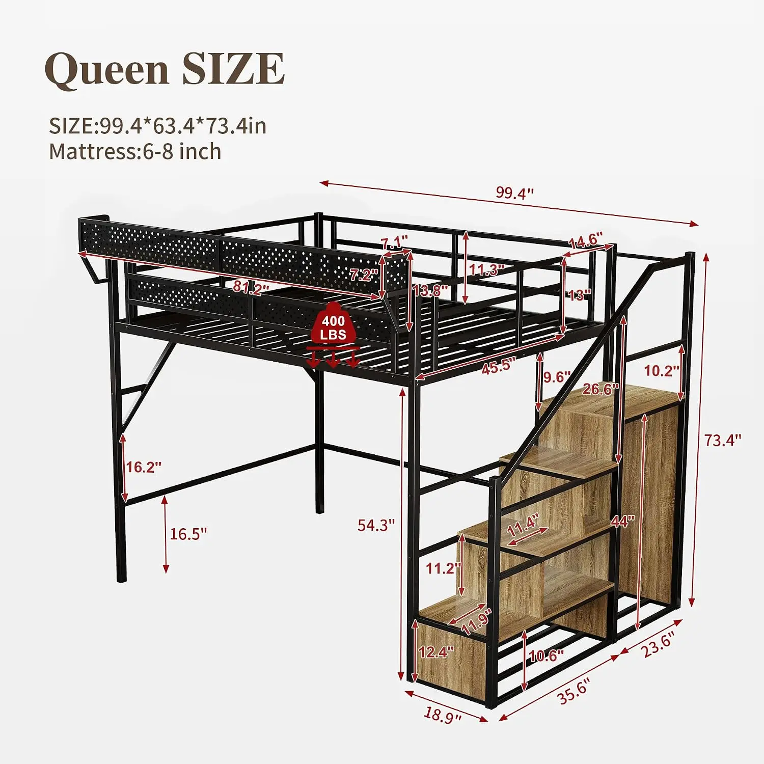 Queen Metal Loft Bed Reversible Stairs LED USB Port Storage Shelf Wardrobe Noise Free Large Under Bed
