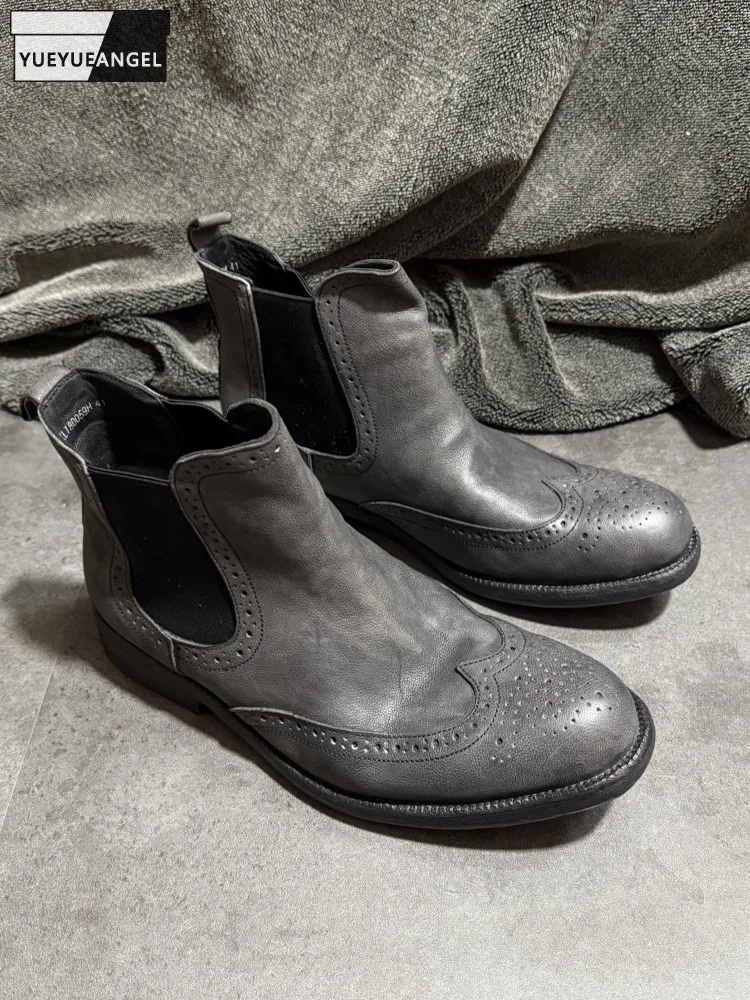 Male Business Casual Office Cowskin Genuine Leather Brogues High Top Shoes Slip On Autumn Winter Vintage Men Chelsea Short Boots