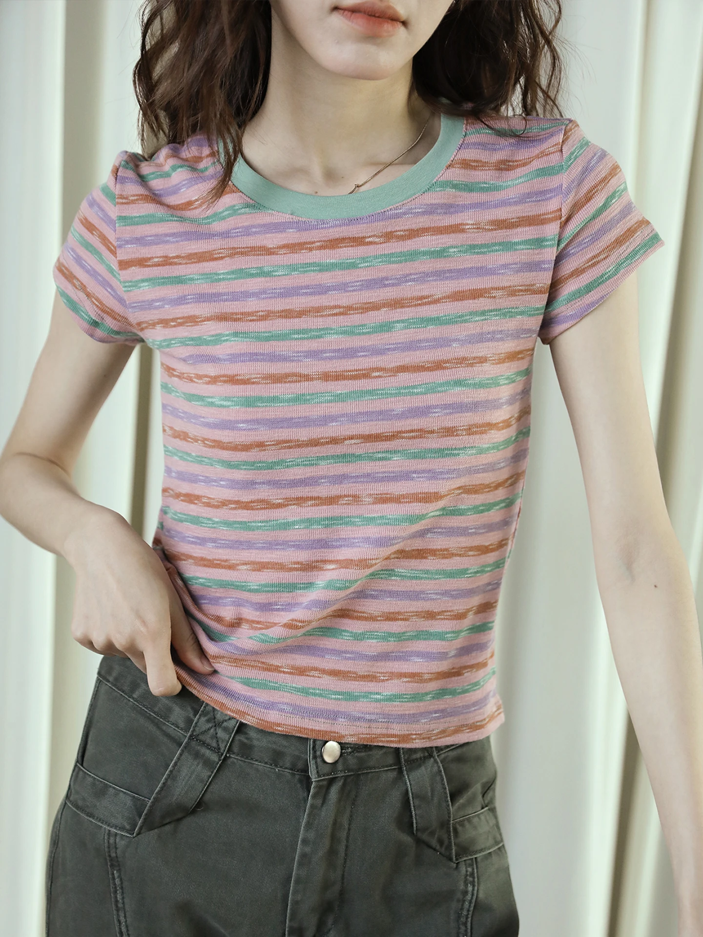 

Dopamine Rainbow Stripes round Neck Short Sleeve T-Shirt Women Summer Slim Fit Color Block Casual Loose Cotton Blend Top