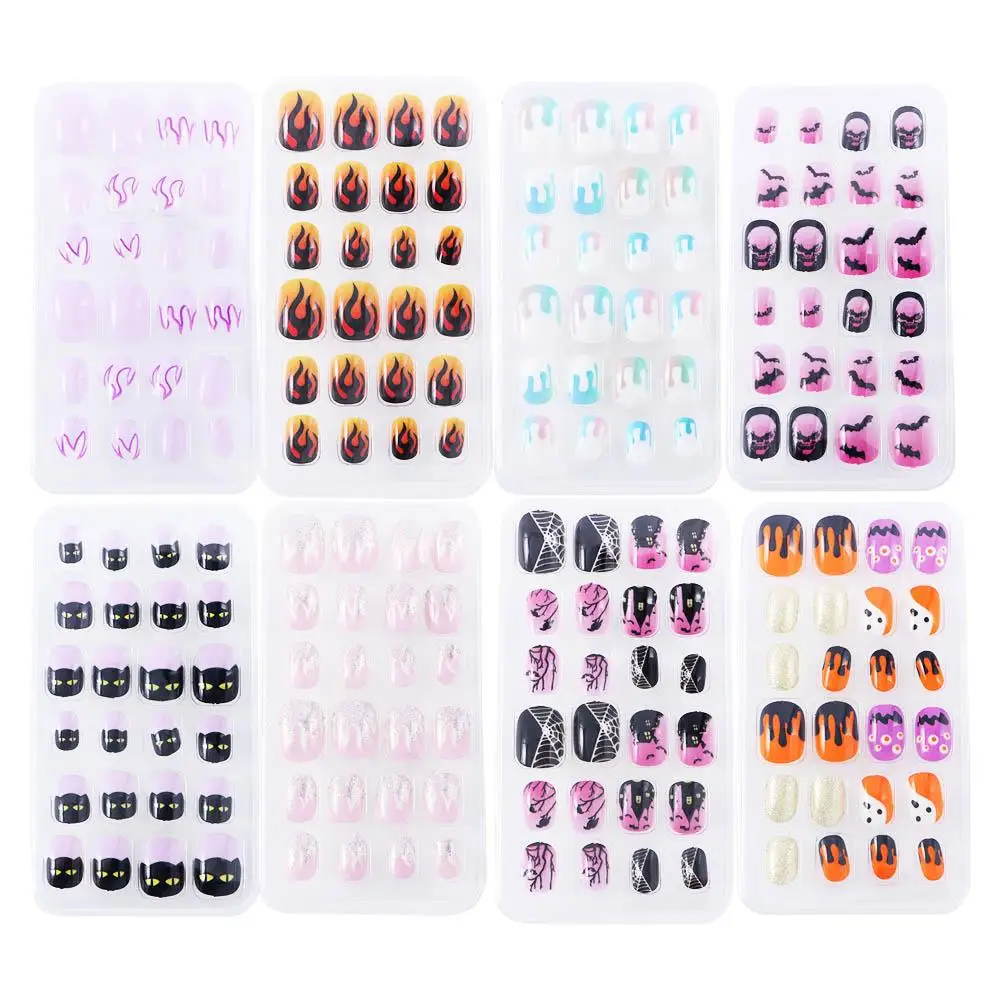 24 ชิ้น/เซ็ต Spider Web Punk ฝาครอบกาว Self Press On Fire เคล็ดลับเล็บปลอมสั้นเล็บปลอมตกแต่งเล็บเล็บ