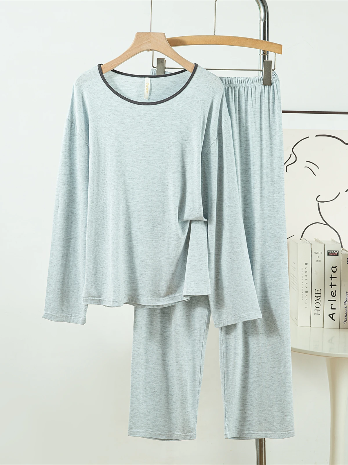 

5181 Casual Lazy Plaid Modal Cotton Pajamas Women Spring and Autumn New Long Sleeve Trousers Solid Casual Homewear Set