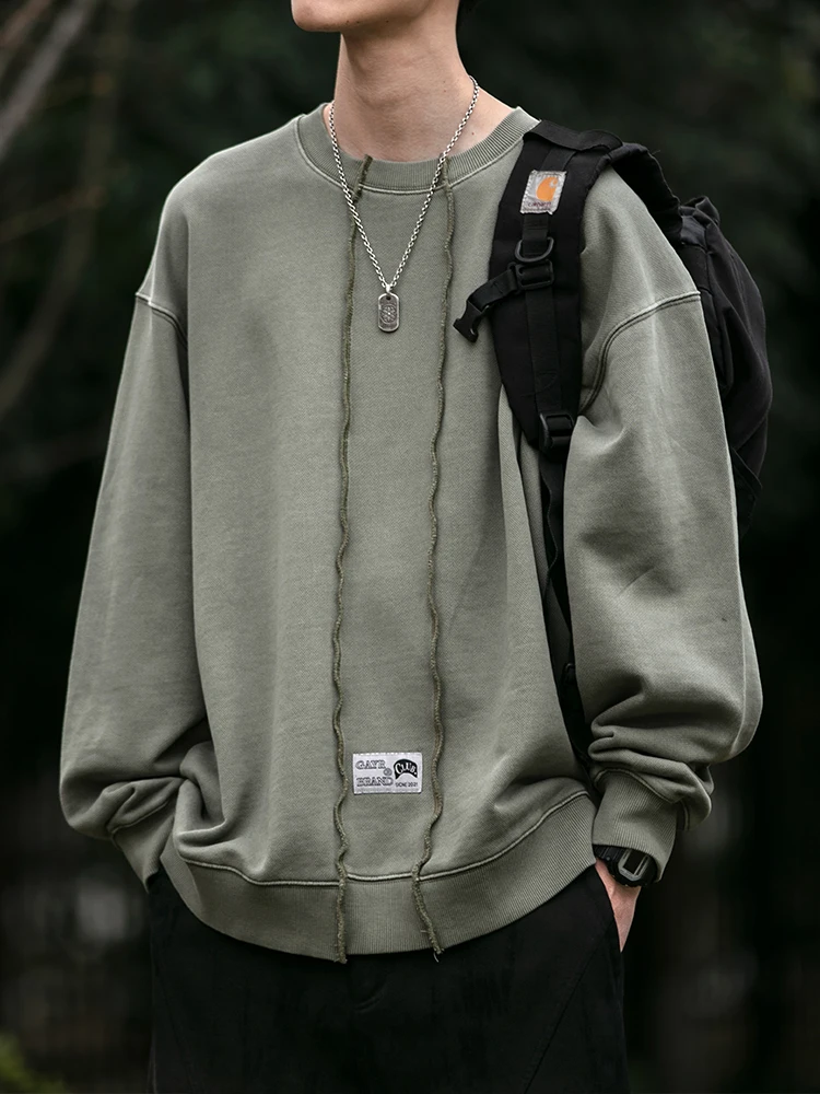 Korean Streetwear Crewneck Sweatshirt Men Women Oversized Washed Distressed Patchwork Hip Hop Casual Long Sleeve Pullover Male