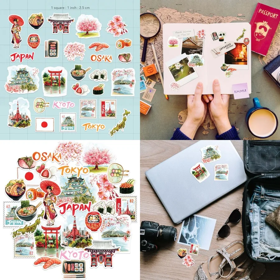 

Imperial Japan Travel Stickers 29pcs Small Hand-Drawn Art for Scrapbooks Journals Perfect for Travel Memories DIY Crafts and Pe