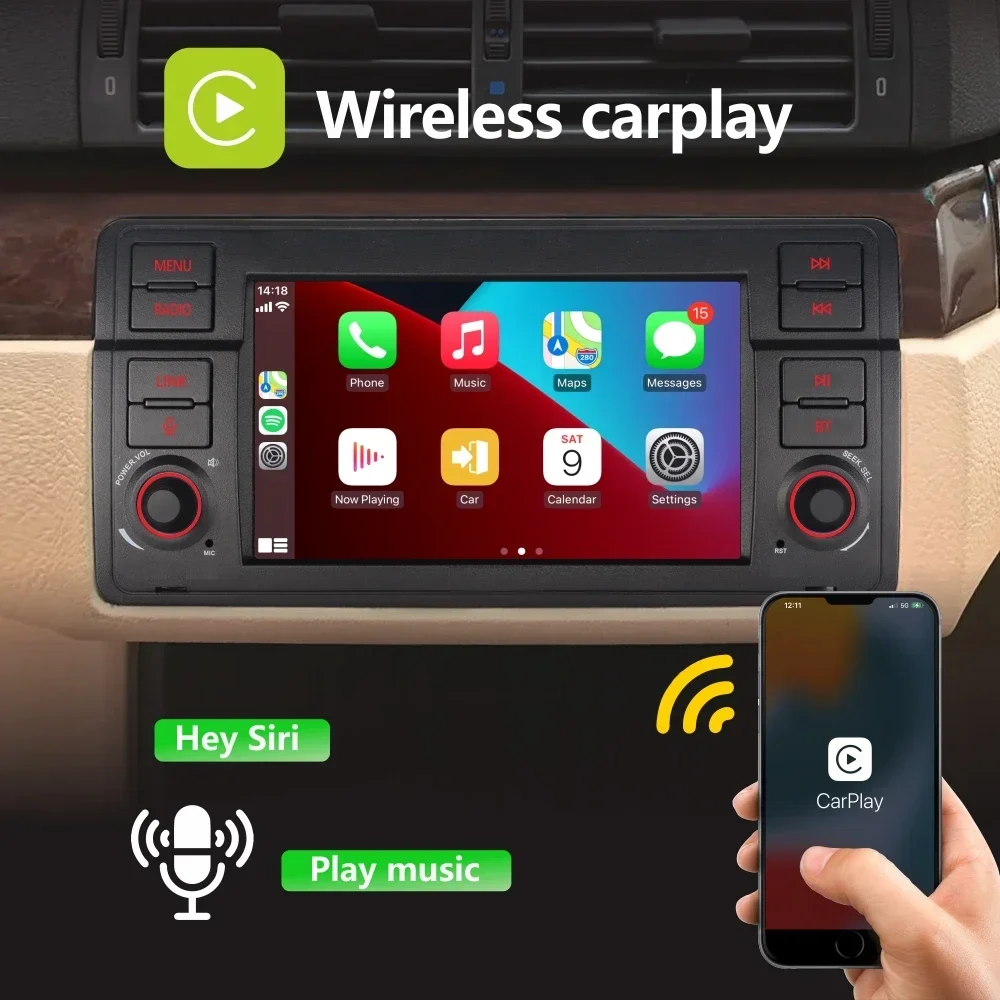 Car Radio with Wireless Carplay Android Auto for BMW E46 3 series 1999-2004 with 7