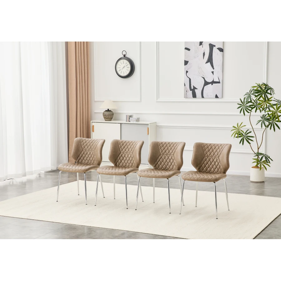 Dining Chairs Set of 4, Khaki PU Leather Dining Chairs with Electroplated Metal Legs, Adjustable Non-Slip Foot Pads, Diamond-Tu