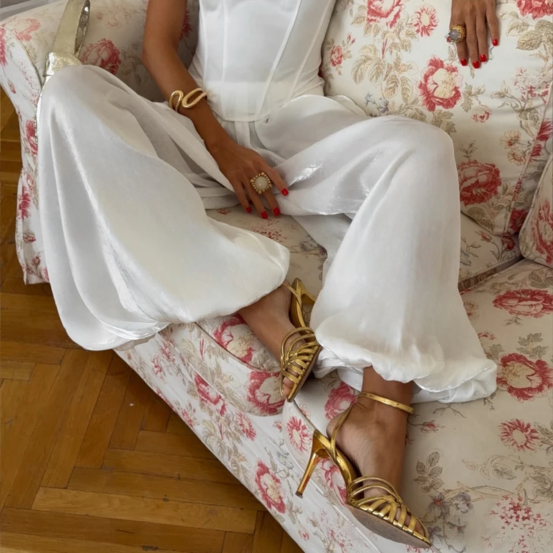Elegante Glänzende Schicke Loose-Fit Streetwear-Hose Frühling Damenmode Hochgeschnittene Lange Hose Sommer Lässige Drapierte Einfarbige Laternenhose