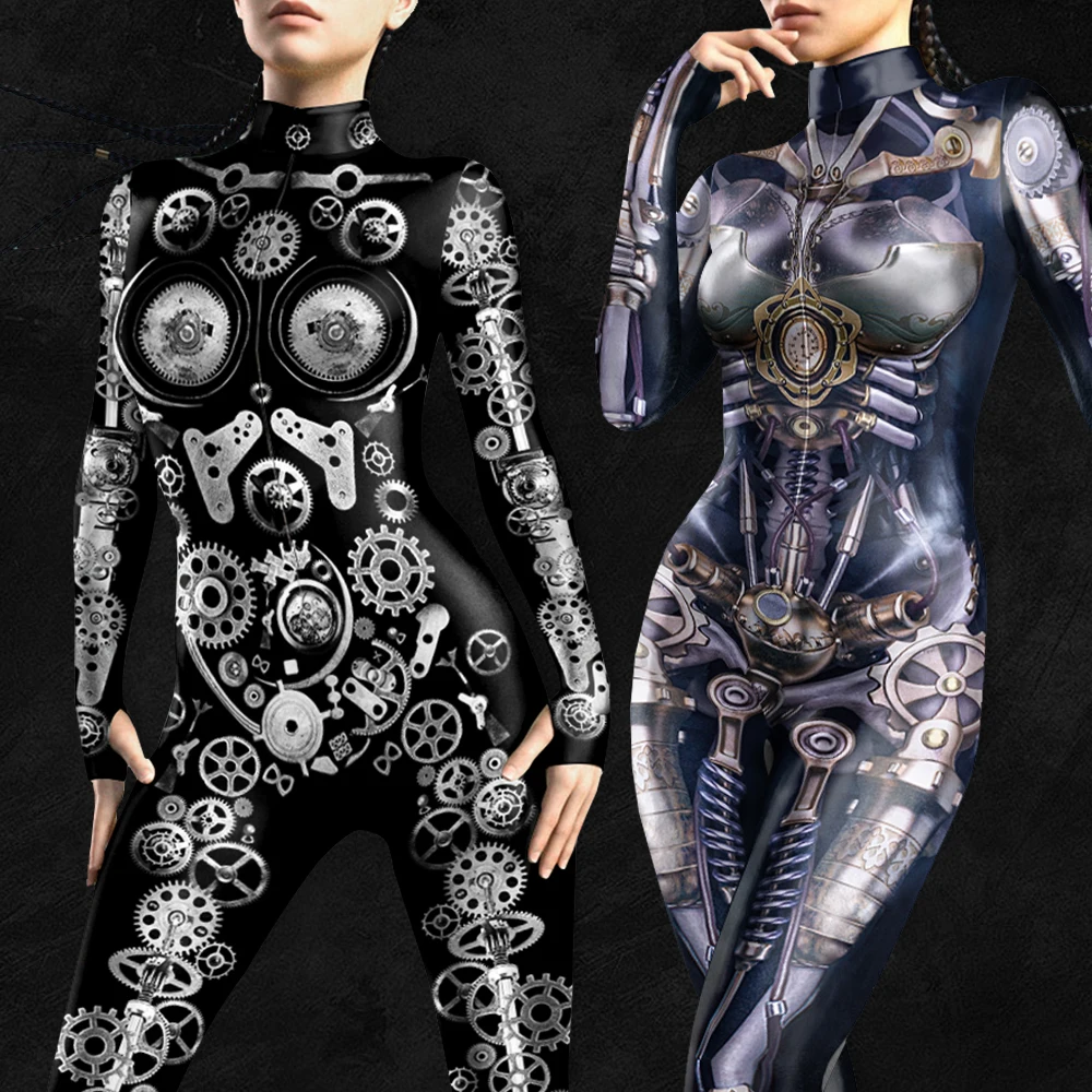 Halloween sexy mechanischen Druck Bodysuit Verkleidung Outfit für Frau Cosplay Kostüm Erwachsenen Urlaub Party schlanke Bühne Overall