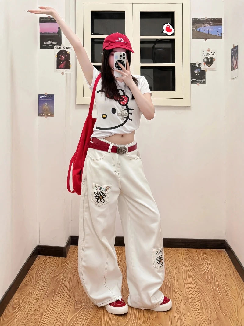 

Cleanfit White Knife Design Loose Wide Leg Jeans Straight Cut Casual Trousers Youth Fashion Autumn Season Non-Stretch Denim