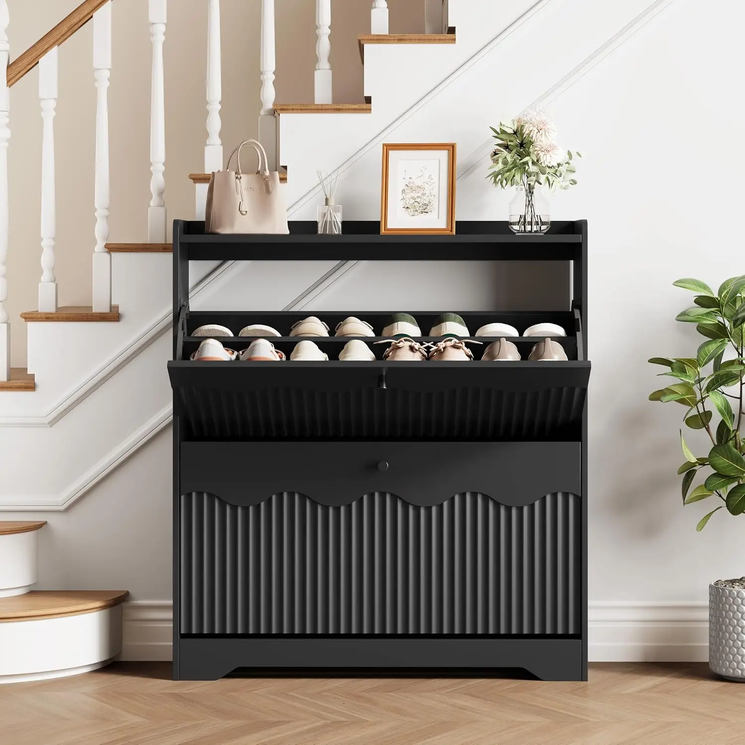 Shoe Cabinet Storage for Entryway with 2 Flip Drawers, Black