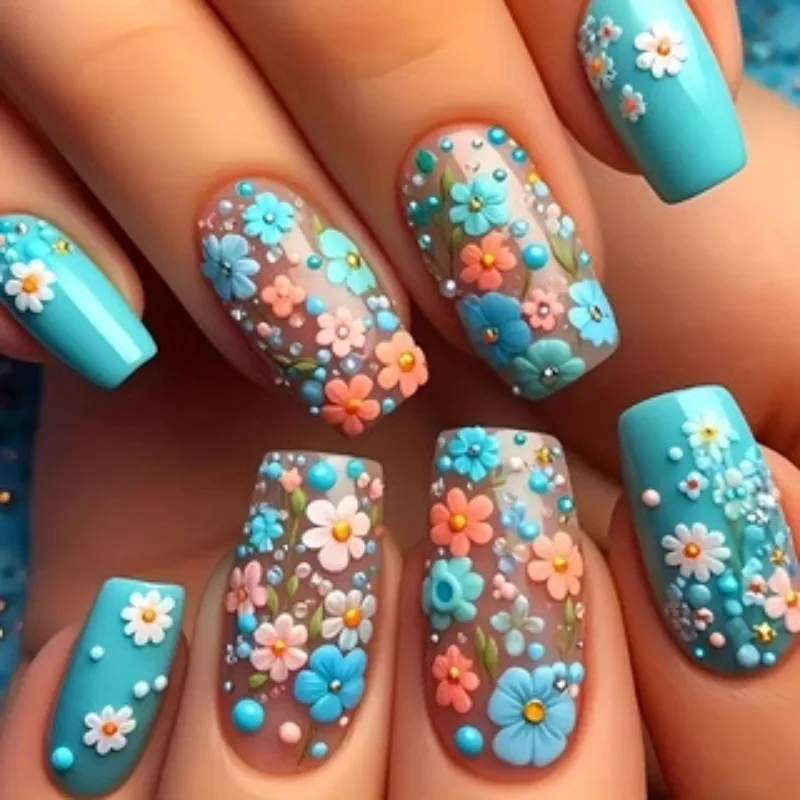 

24 Pcs Aesthetic medium Short Nail Tips Spring Blue Flowers Acrylic Nails Press on Summer Nails To Stick False Nails for Women