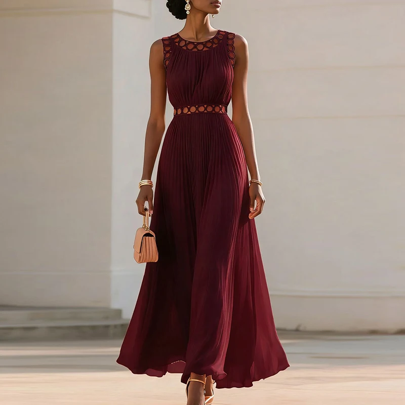 Szyfonowa sukienka maxi z wysokim stanem, plisowana, elegancka, w jednolitym kolorze, do pracy, codzienna, z dekoltem typu O, z wycięciami, bez rękawów, na imprezę.