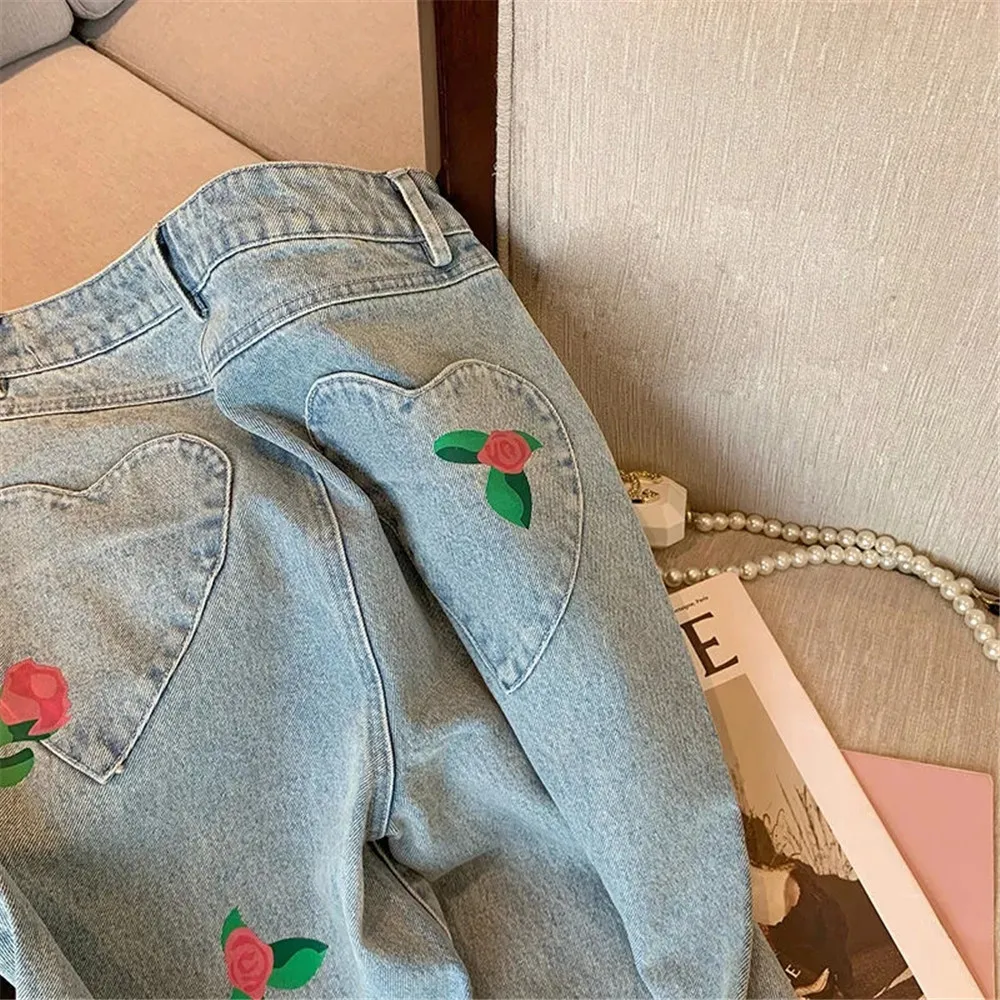 Goth Casual Loose Flowers Print Jeans Women Vintage Korean Chic Y2k Denim Pants High Waist Vintage Street Stright Denim Trousers