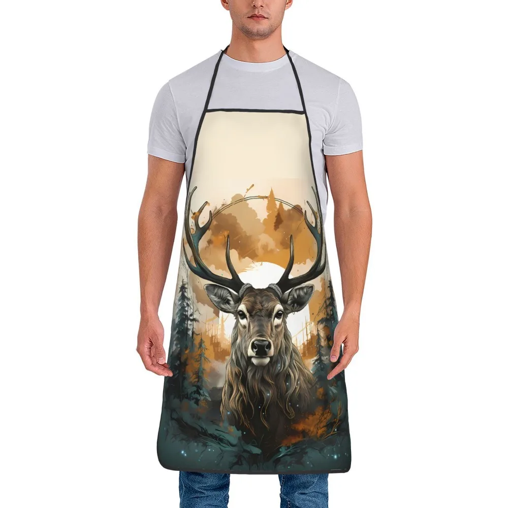 Deer Theme Printed Apron Waterproof Kitchen Cooking Bib for Men Women Household Grilling Cover Hunting Lovers Forest Style