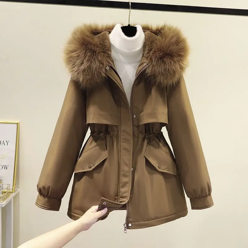 

2023 New Women Down Cotton Coat Winter Jacket Female Loose Plush Thick Furred Collar Parkas Hooded Outwear Solid Color Overcoat