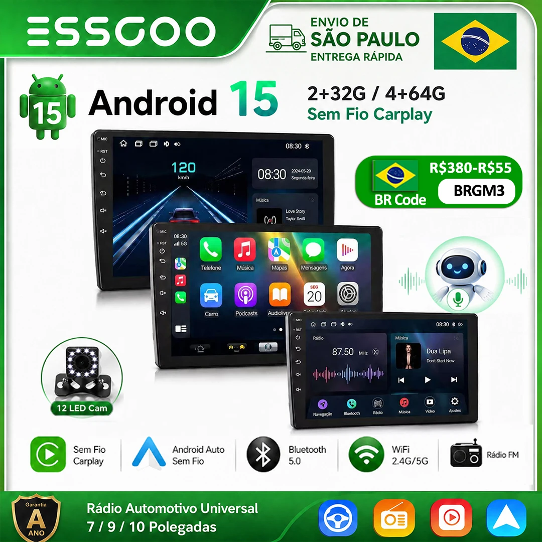 ESSGOO Android 15 4G 64G Multimídia Sem Fio Carplay Automotivo Rádio Navegação GPS para Toyota Hyundai Nissan Kia LADA FIAT VW