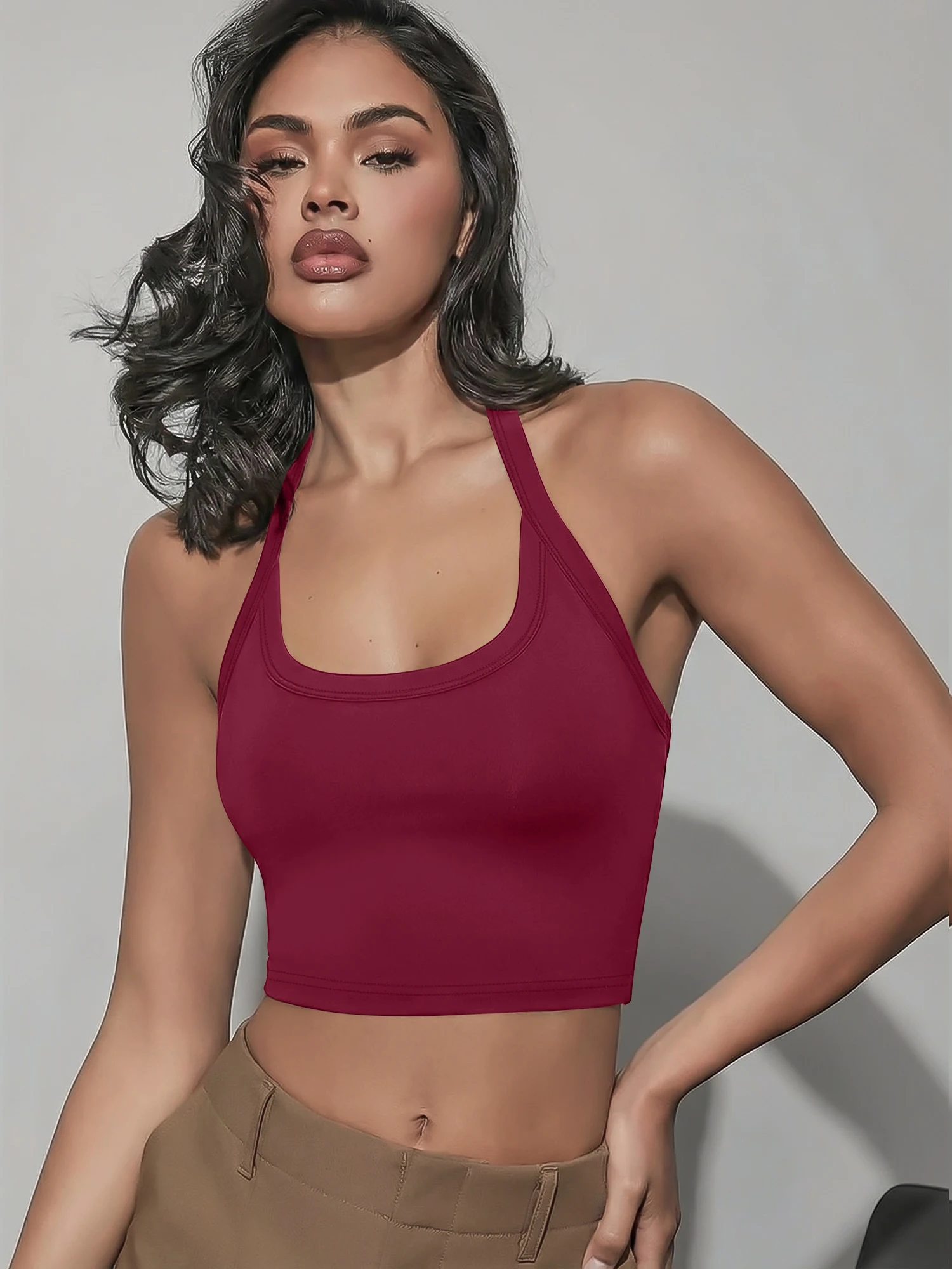 Everyday Halterneck Crop Sling, Rear Cutout U Neck Vest for Café Dates & Downtown Shopping Runs