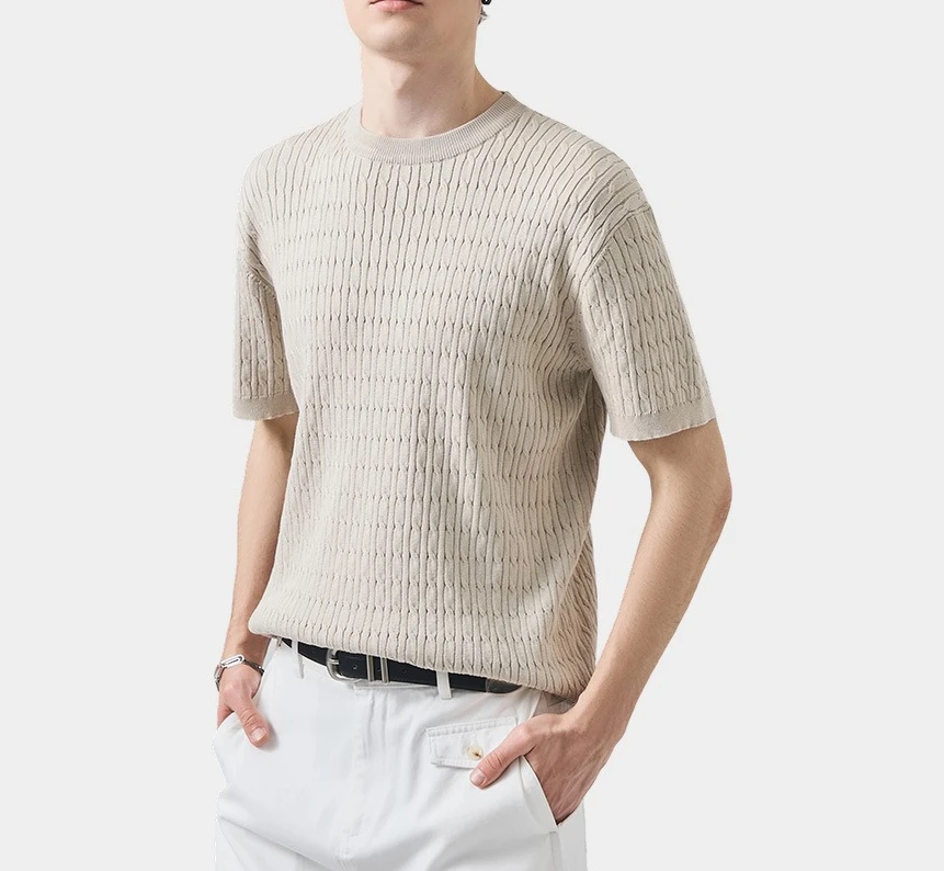Men's Short Sleeve T-Shirt 2026 Summer Slim Fit Crew Neck Twist Knitted Textured Top