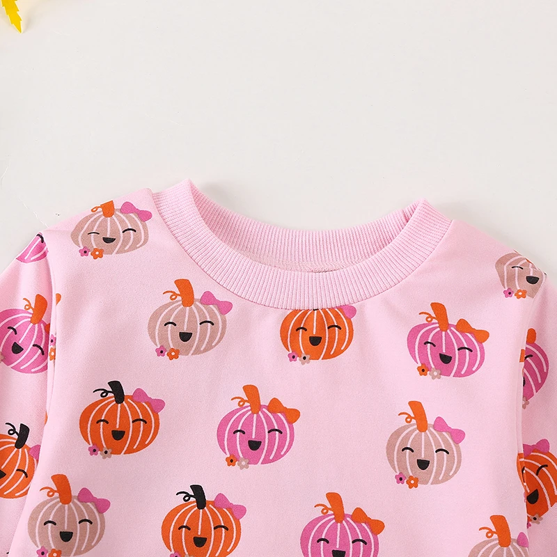 Halloween-Outfit für Babys, Mädchen, Schleife, Kürbis-Aufdruck, Langarm-Sweatshirt, Strampler, Krawatte, Stirnband, 2-teiliges Set für Herbst und Winter