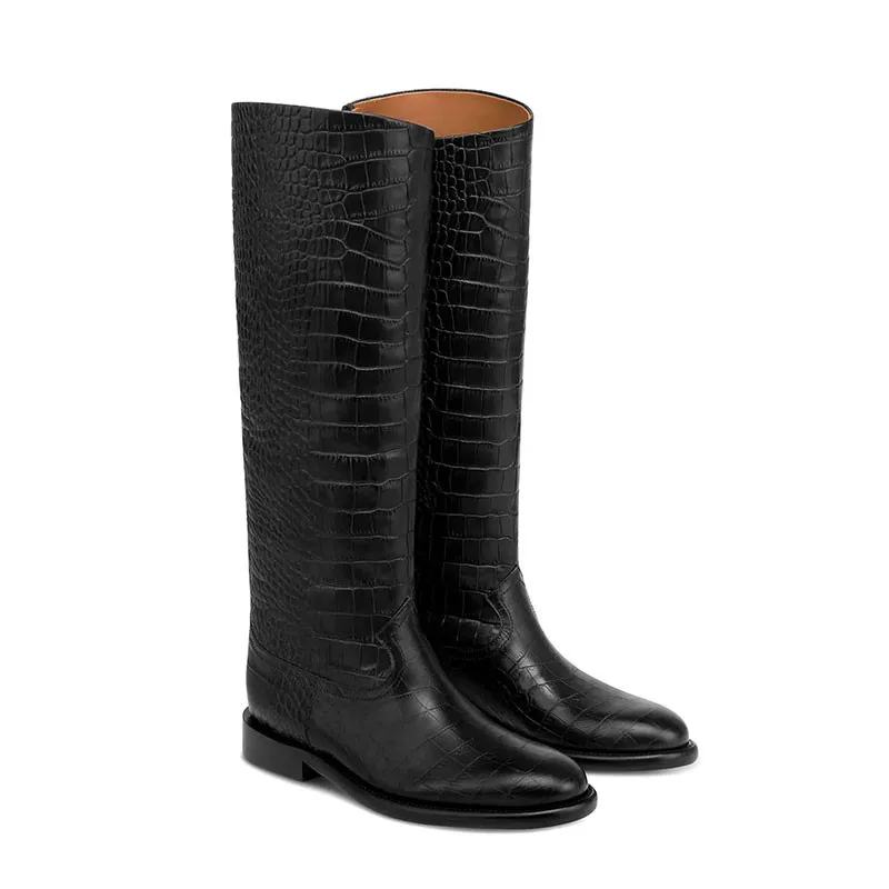 

Ladies' Autumn and Winter New Casual Flat Bottomed Round Toe Knee High Boots, Black Fashionable Women's Mid Length Boots