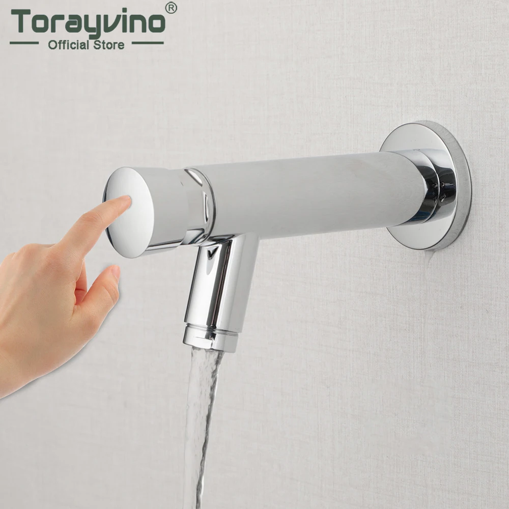 

Смеситель для раковины Torayvino для ванной комнаты, хромированный полированный, с нажимным покрытием, самозакрывающийся, экономия воды, задержка, раковина Torneira, только кран для холодной воды