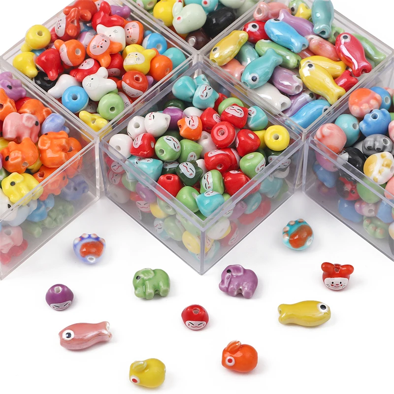 10pcs/bag Ceramic Beads Random Mix Color Cat/Rabbit/Elephant Printed Loose Beads DIY Necklace Bracelet Accessories Handmade Bead