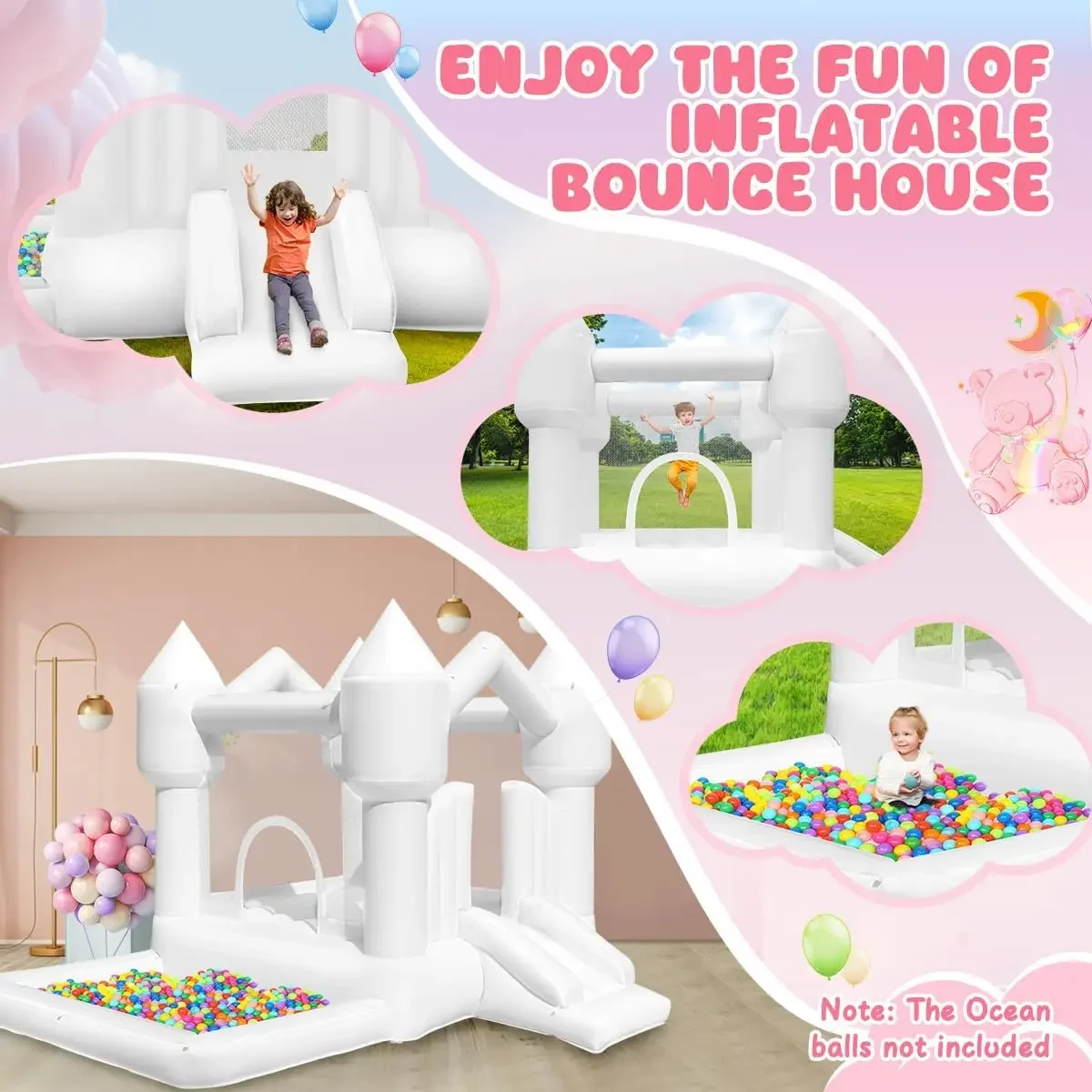 Inflatable Bounce House for Kids, White Bounce House with Slide, Jumping Bouncy Castle for Kids Birthday Party, Wedding,