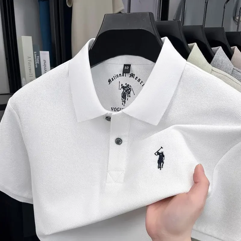 High End Quality Men's Summer 100 Pure Cotton Short Sleeved Solid Color Embroidered Lapel Pullover Polo Shirt Casual Versatile T – Detail 2